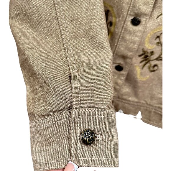 Chicos Metallic Embroidered Button-Up Jacket SZ 2 Beige Long Sleeve Cotton Blend - Picture 2 of 16